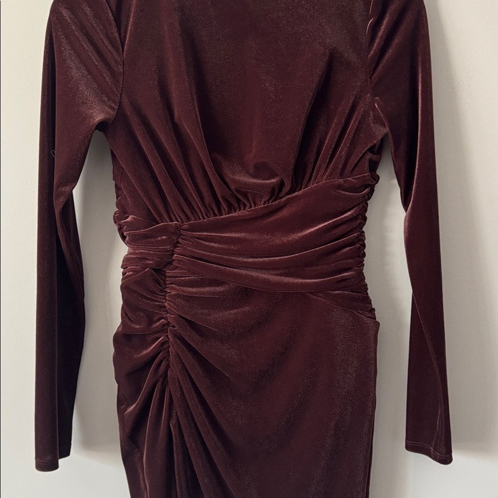 EXPRESS VELVET BODY CONTOUR MOCK NECK RUCHED MINI DRESS BROWN EXTRA SMALL